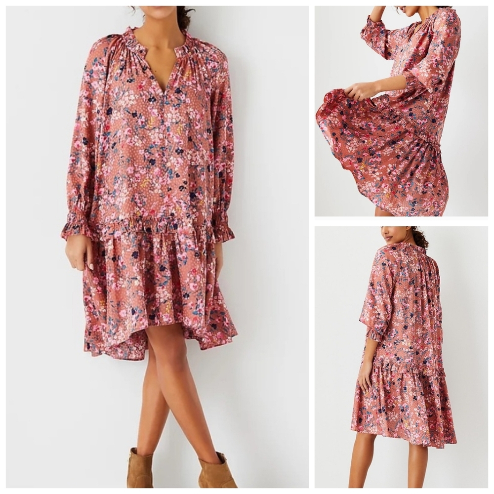 Ann Taylor Floral Tiered Swing Dress Ruffle Neck Cedar Rose Mauve Lightweight M